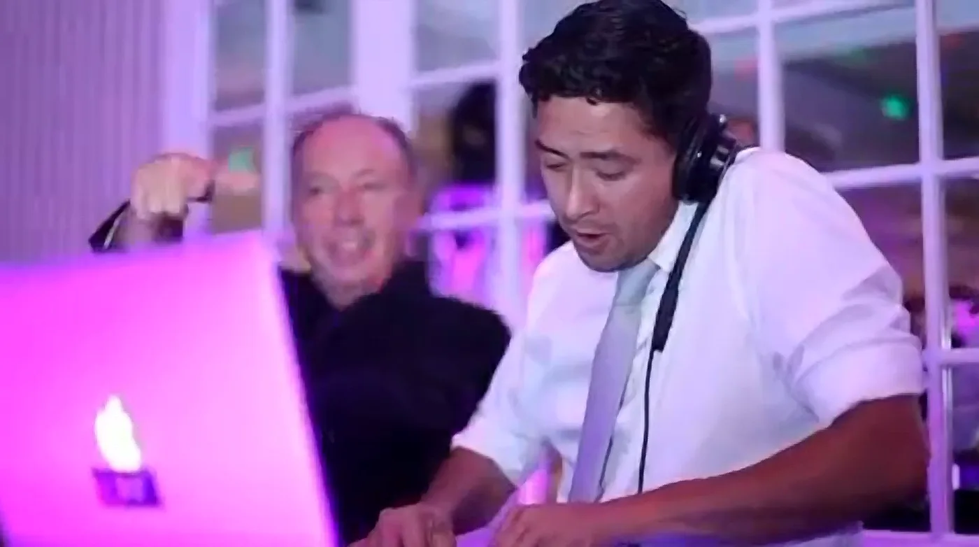 Bill Ouellette and his son Mike DJing a Long Island wedding together